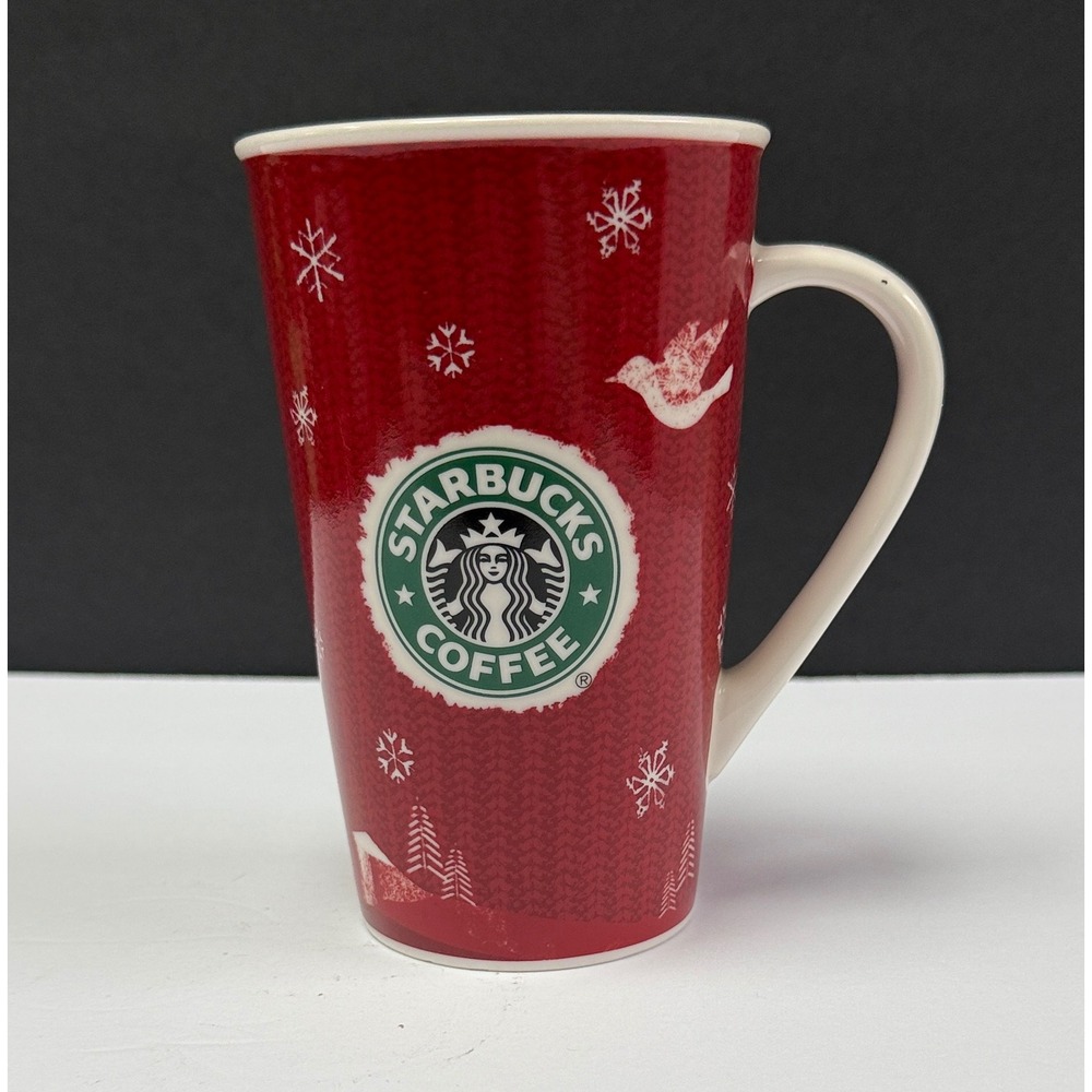 Starbucks Coffee 2008 Holiday Mug Red Knit Snowflakes‎ Reindeer 16oz Ceramic Cup